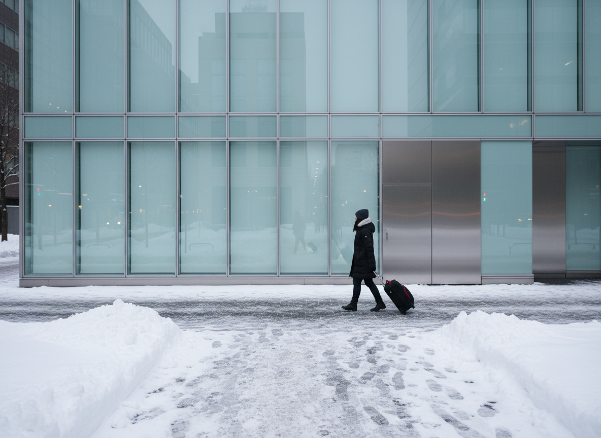 A traveler pulls a rolling suitcase across a snowy sidewalk toward a glass-fronted building entrance in central Sapporo in winter.